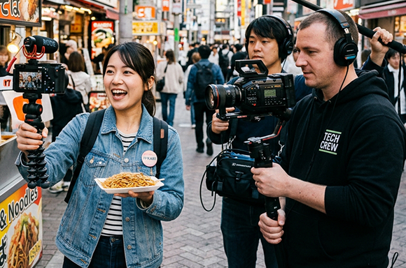 街頭での食レポ撮影